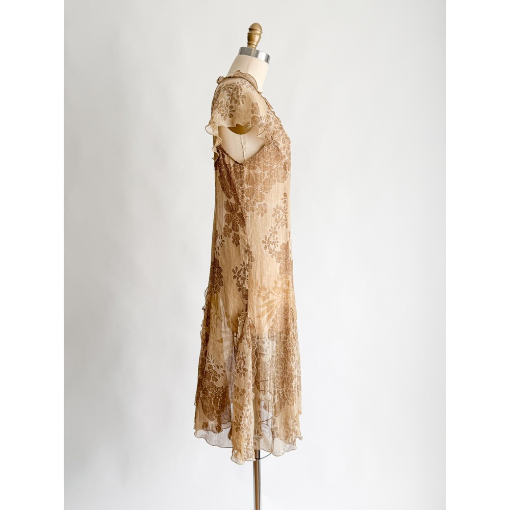 Vintage Boho Emma James Floral Midi Dress 10P Tan Gold Metallic Ruffle Chiffon‎ - Picture 5 of 7